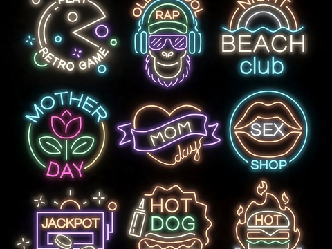  复古游戏3d模型下载 海滩俱乐部 霓虹灯素材 多主题酒吧店铺装饰广告牌设计 