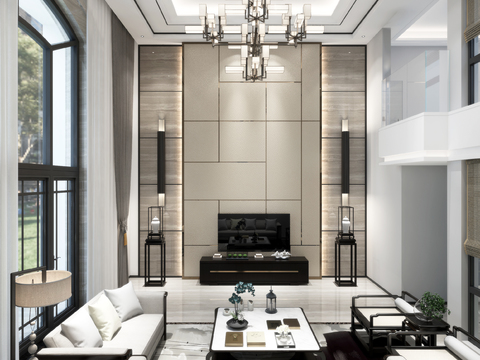  新中式别墅客厅3d模型 