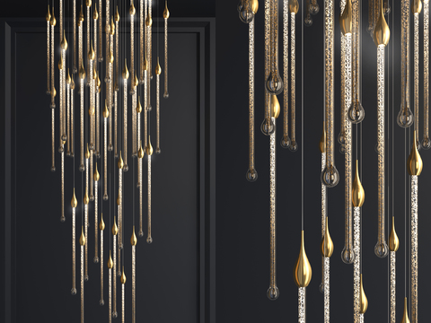  现代奢华3d模型下载 金色水晶吊灯 艺术设计客厅装饰 瀑布造型金属吊灯 