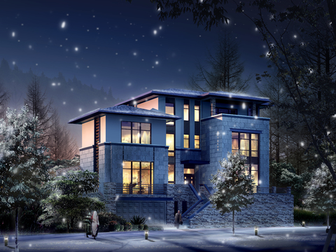  现代独栋别墅外观psd 