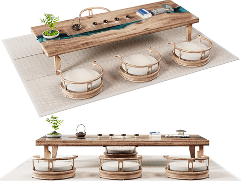 新中式茶桌椅3d模型