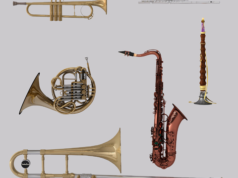  现代乐器萨克斯小号长号唢呐组合3D模型 