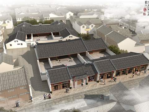  新中式古建民俗外观鸟瞰景观psd 