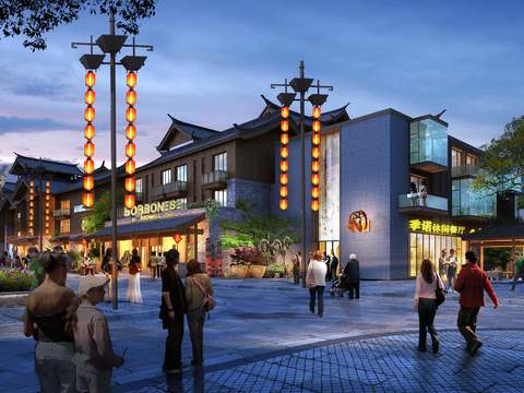  新中式商业街步行街夜景psd 