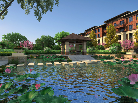 现代小区园林荷花水景3d模型 