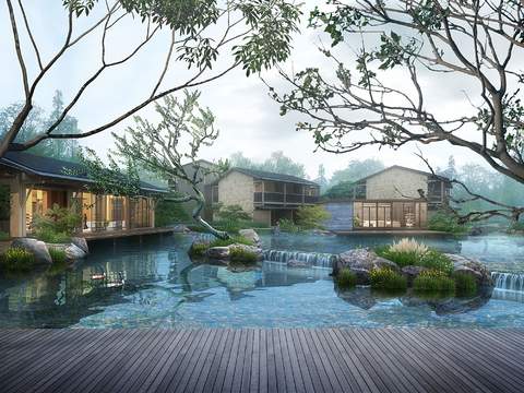  中式流水园林景观psd 