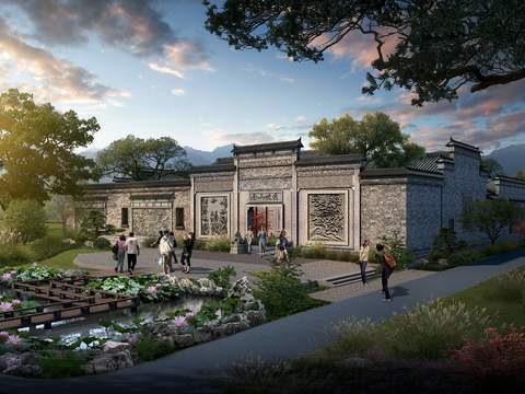  新中式古建外观psd 