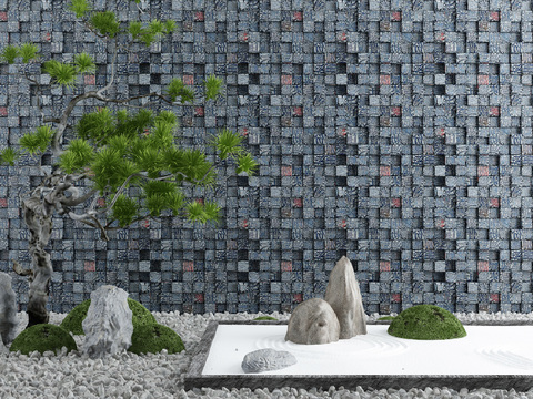  新中式汉字墙枯山水景观小品3d模型 