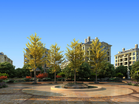  简欧住宅小区园林景观3d模型 