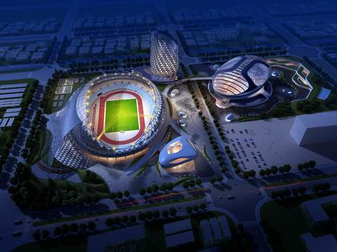  现代足球馆外观鸟瞰夜景psd 