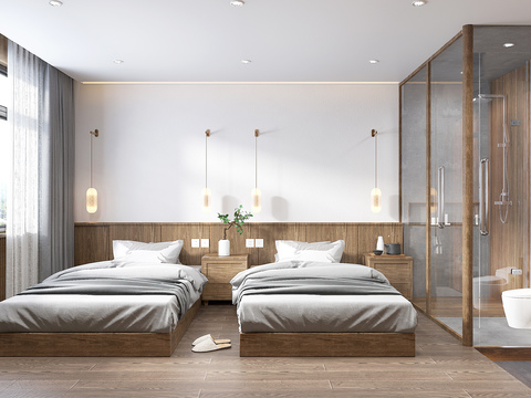  新中式民宿酒店双床客房3d模型 