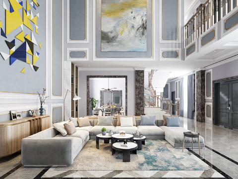  简欧别墅客厅餐厅3d模型 