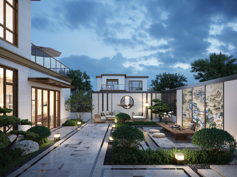  新中式别墅庭院景观夜景3d模型 