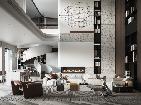  现代高级灰别墅客餐厅3d模型 