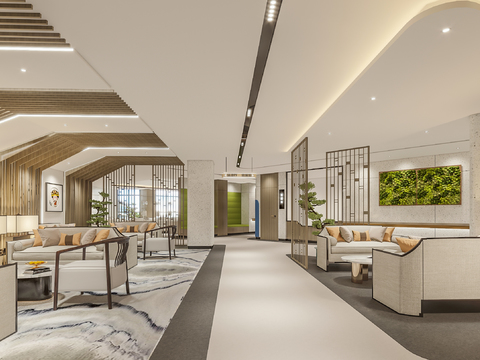  新中式社区医院服务大厅3d模型 