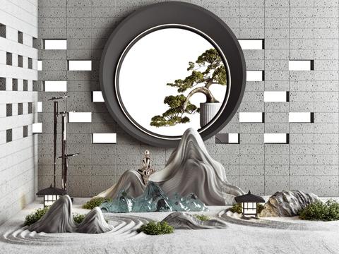  新中式山石树木园艺小品3d模型 