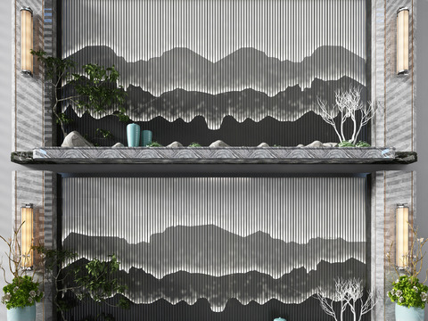  新中式背景墙盆栽组合3D模型 