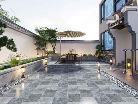  新中式别墅阳台庭院3d模型 