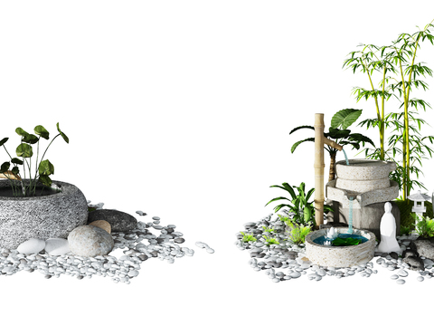  新中式流水水池石头景观小品3d模型 