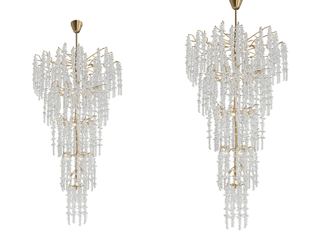  轻奢水晶吊灯3d模型下载 金色现代简约大堂装饰灯具 瀑布式水晶灯饰设计 