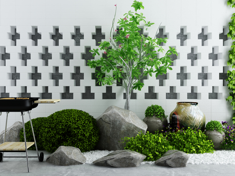  现代阳台庭院景观小品植物假山3d模型 