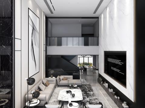  现代别墅客厅餐厅3d模型 