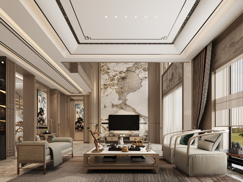  新中式别墅客厅 别墅大堂3d模型 