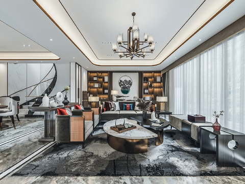  新中式复式别墅客厅餐厅3d模型 