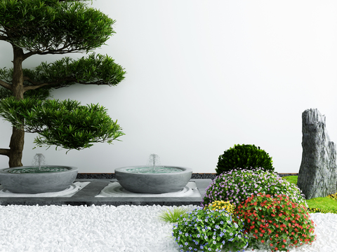  新中式松树山石水池园艺小品3d模型 