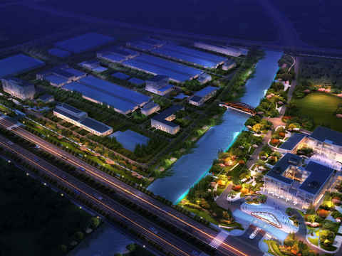  园林夜景鸟瞰psd 