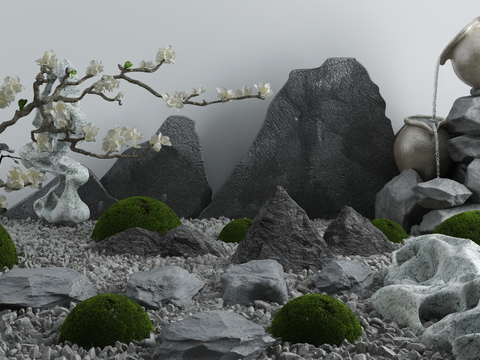  新中式松树流水景观小品3d模型 