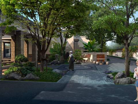  现代假石绿植造景小品psd 