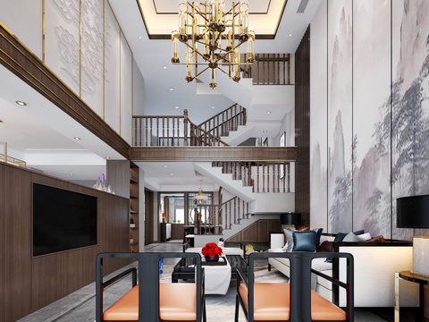  新中式别墅客餐厅书房3d模型 