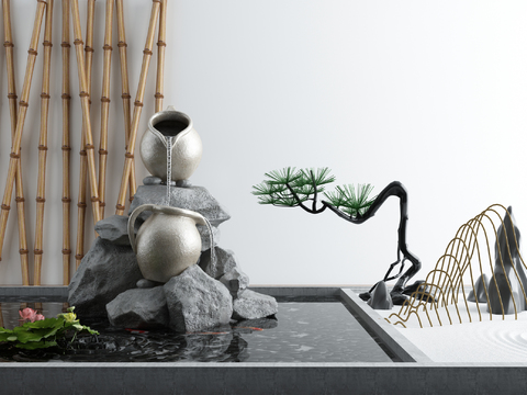  新中式荷花池假山园艺小品3d模型 