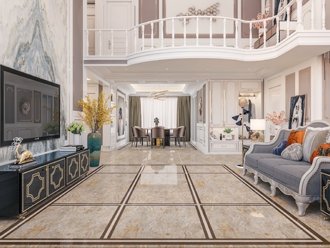  简欧别墅客厅餐厅3d模型 