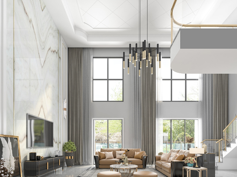  现代轻奢挑空别墅客厅餐厅3d模型 