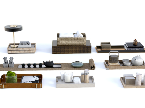  新中式茶具托盘摆件3d模型 