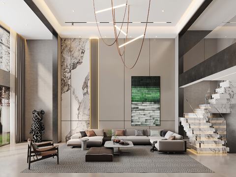  现代挑空别墅客厅3d模型 