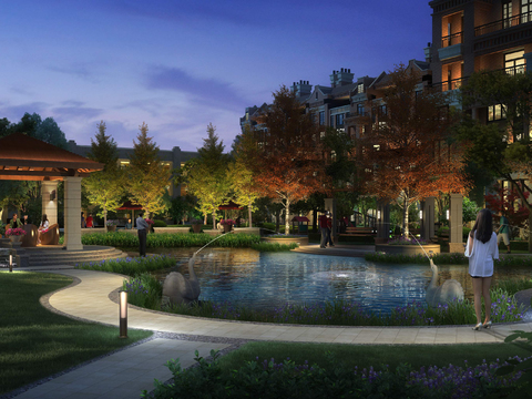  现代小区公园夜景psd 