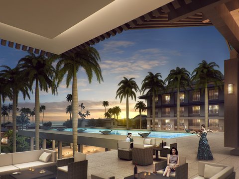  现代酒店庭院园林夜景psd 