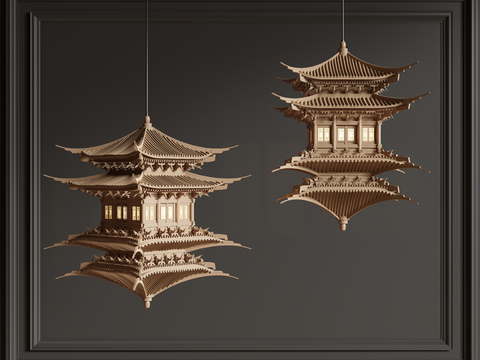  东方传统建筑塔楼灯笼3d模型下载 古风木质吊灯设计 多层檐角透光装饰 