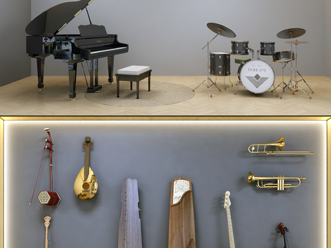  现代钢琴古筝吉他乐器组合3d模型 