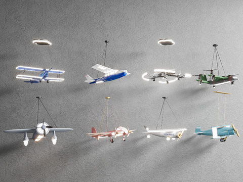  现代儿童飞机吊灯3d模型下载 创意悬挂式飞机灯饰 儿童房装饰飞机造型灯具 