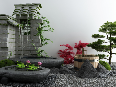  新中式流水景观小品3d模型 