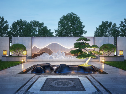  新中式禅意松树水景小品3d模型 