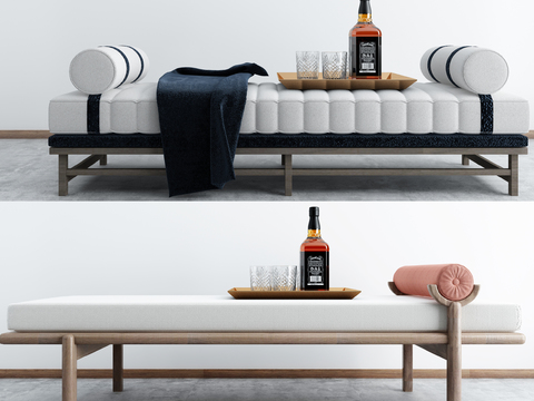  新中式布艺脚踏长椅3d模型下载 现代简约家居装饰带酒瓶托盘设计 