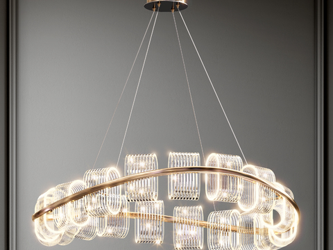  现代水晶环形吊灯3d模型下载 透明圆柱体装饰照明 室内金属环灯具设计 