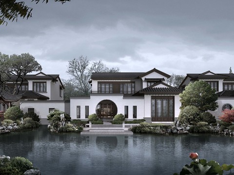  中式水景庭院花园景观psd 