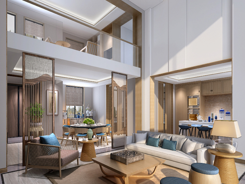  新中式挑空别墅大堂3d模型 