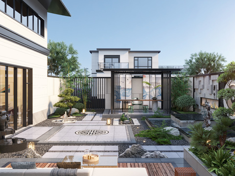  新中式别墅庭院阳台3d模型 